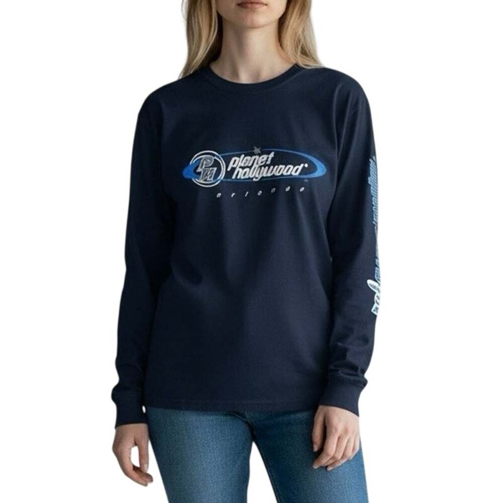 Vintage Planet Hollywood Orlando Long Sleeve Shirt Navy Blue Graphic Tee 90s L